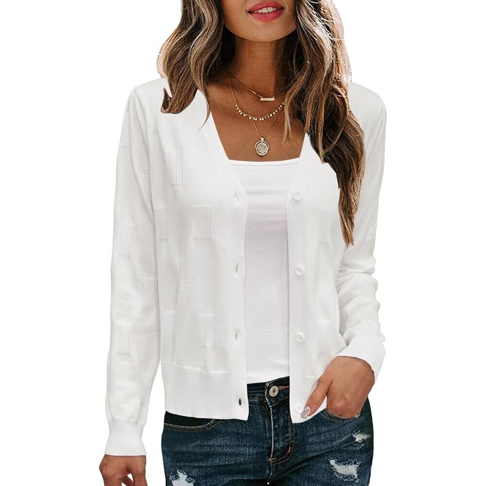 Women's Cropped Cardigan Lightweight V Neck Button Sleeve Casual Sweater
